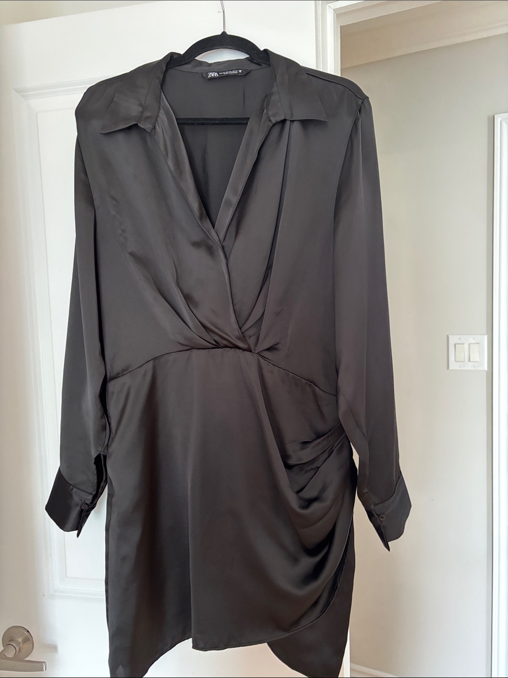 Zara Dark Gray Satin Long Sleeve Wrap Dress